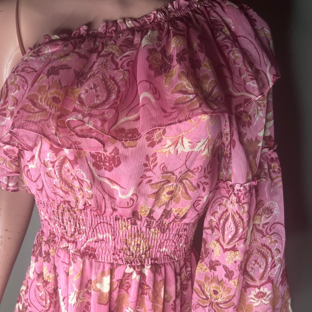 Misa, pink flowers, one shoulder/arm maxi dress.